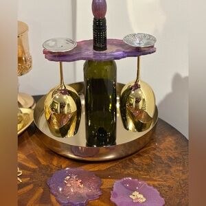 Purple and Gold Wine Caddy with coasters and wine stopper.